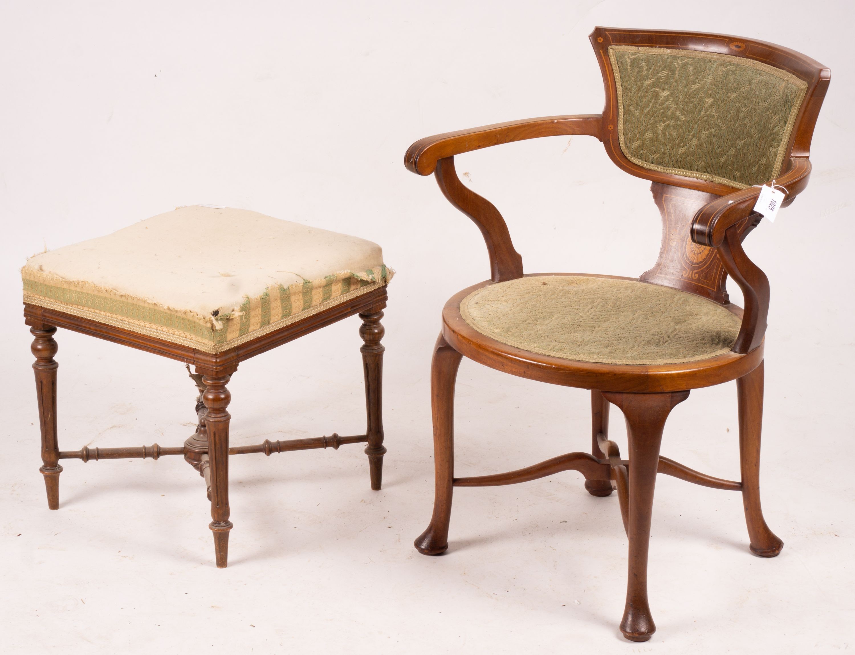 An Edwardian marquetry inlaid mahogany elbow chair and a Victorian dressing stool